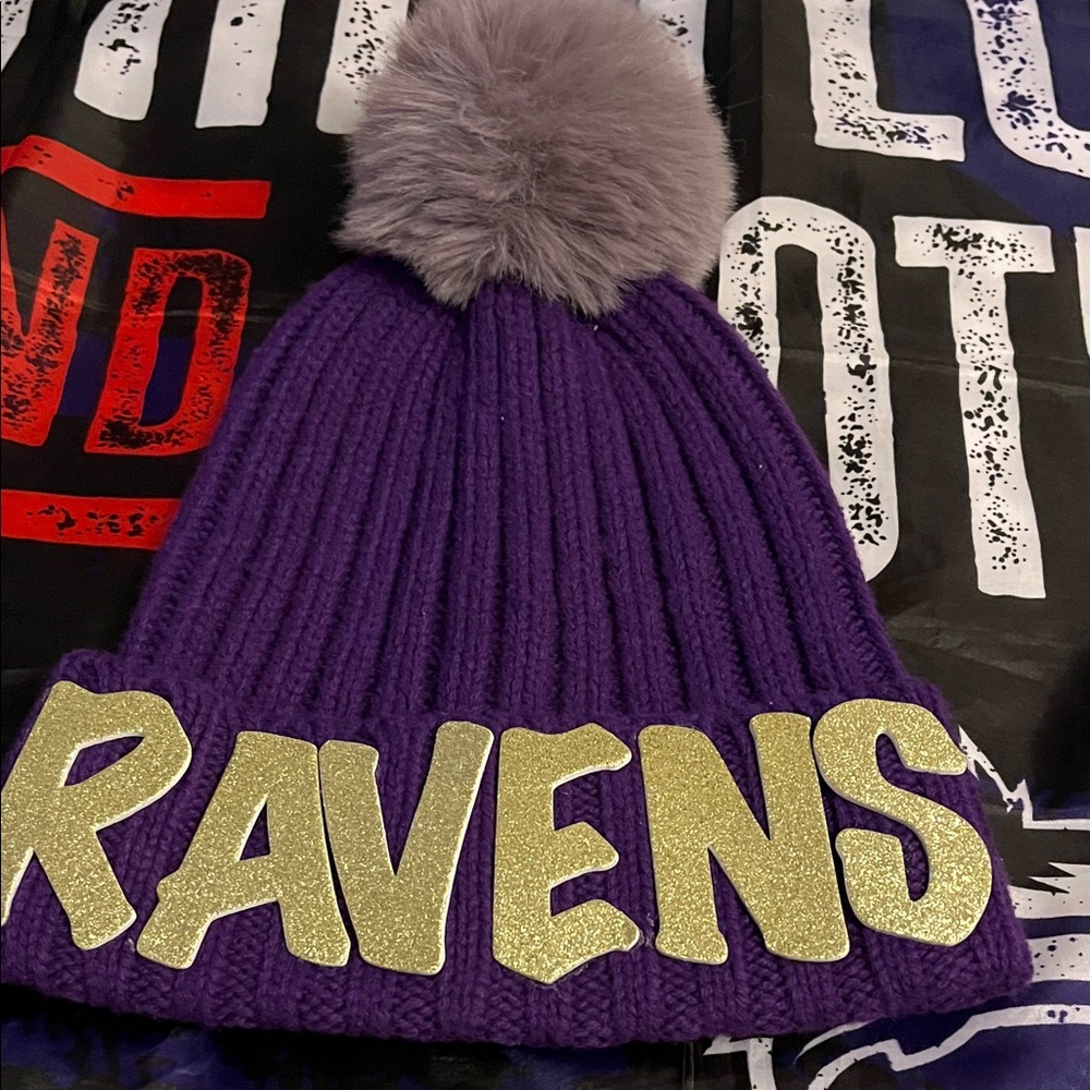 Athleta Purple Knit Hat with Gold RAVENS Lettering